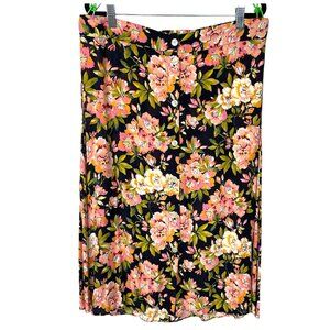 Loft Black and Pink Floral Button front midi Skirt Cottagecore Size Large